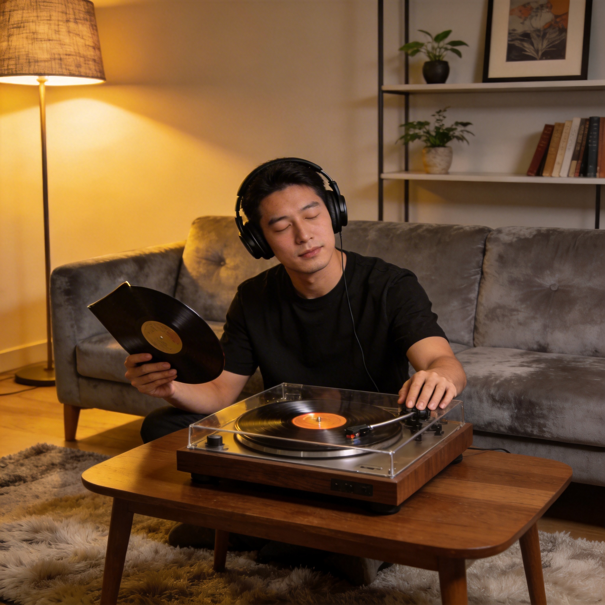Vinyl record listening experience at home